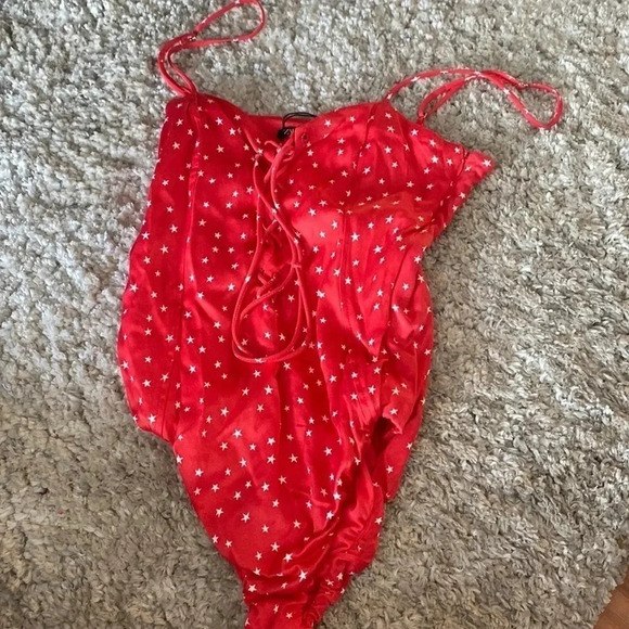 Zara Tops - ZARA Red and white star lace up bodysuit